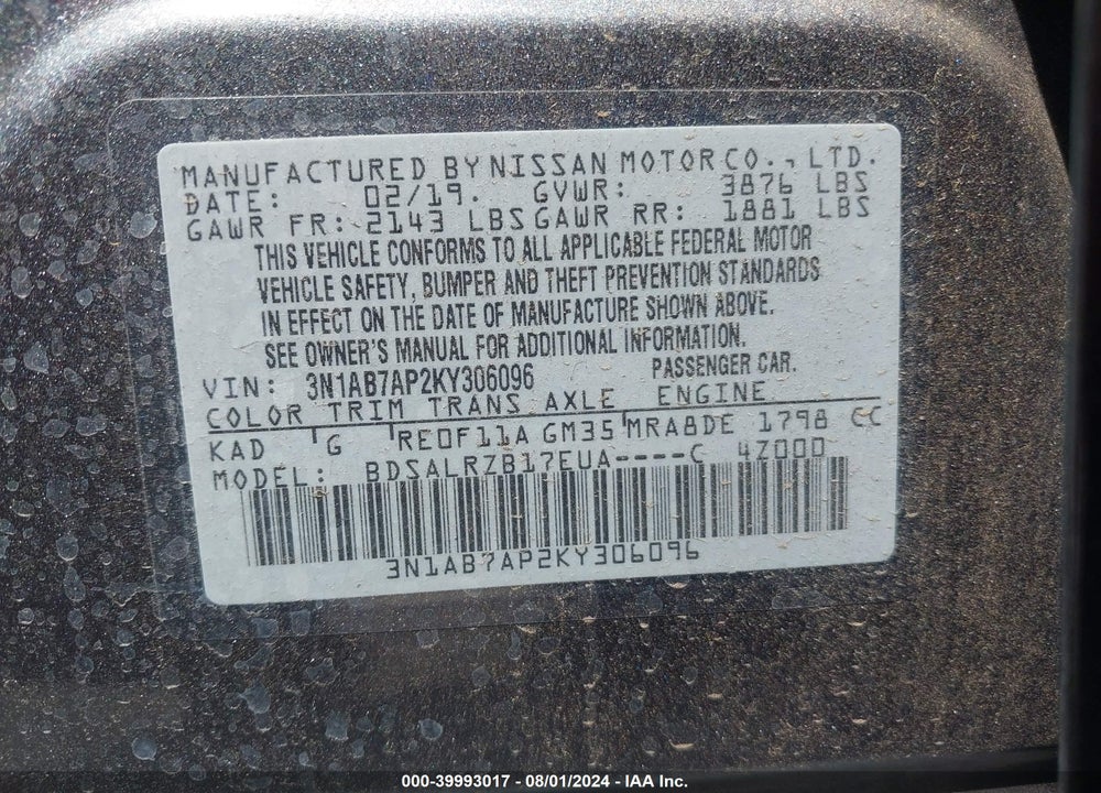 2019 NISSAN SENTRA SR VIN: 3N1AB7AP2KY306096