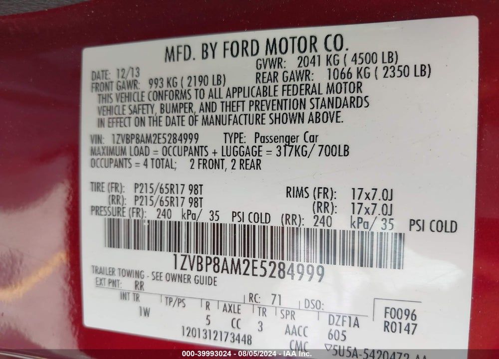2014 FORD MUSTANG V6 VIN: 1ZVBP8AM2E5284999