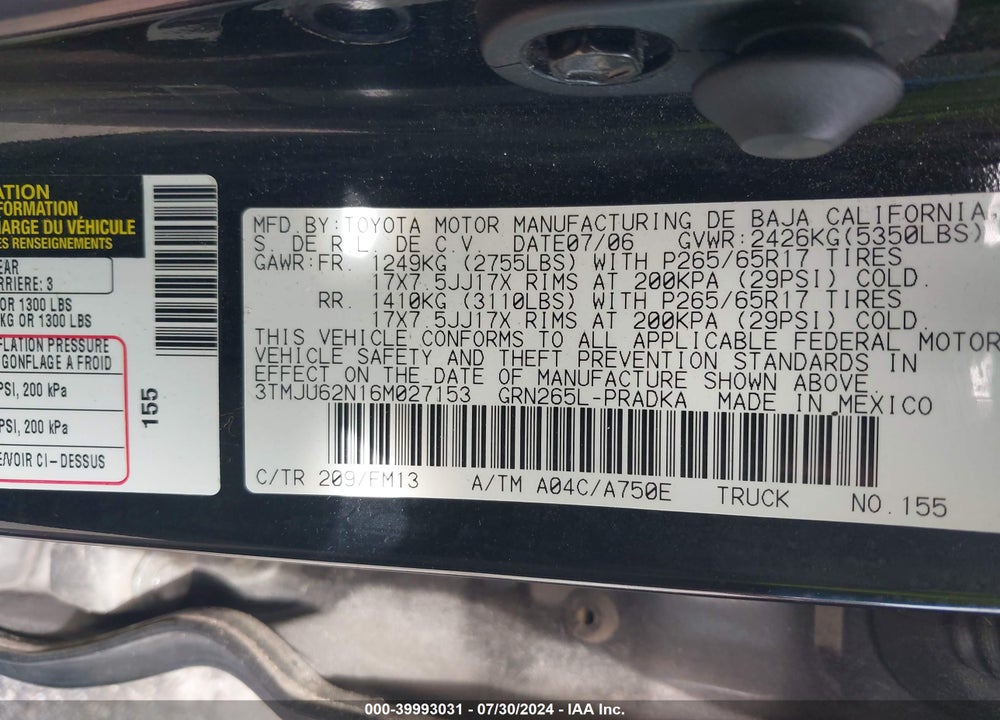 2006 TOYOTA TACOMA PRERUNNER V6 VIN: 3TMJU62N16M027153