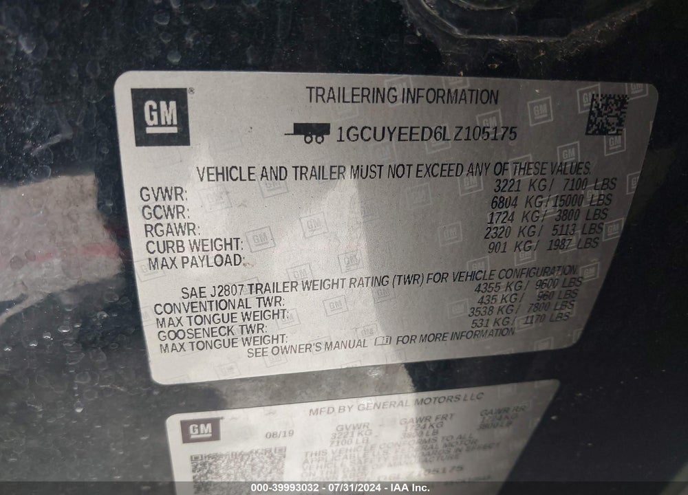 2020 CHEVROLET SILVERADO 1500 4WD SHORT BED RST VIN: 1GCUYEED6LZ105175