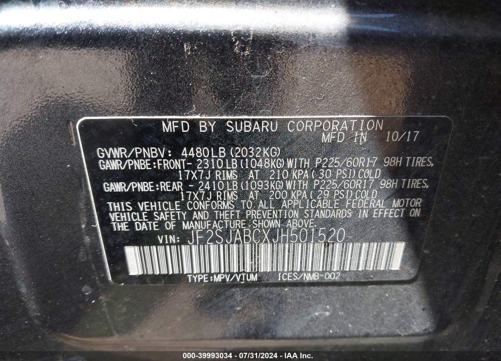 2018 SUBARU FORESTER 2.5I VIN: JF2SJABCXJH501520