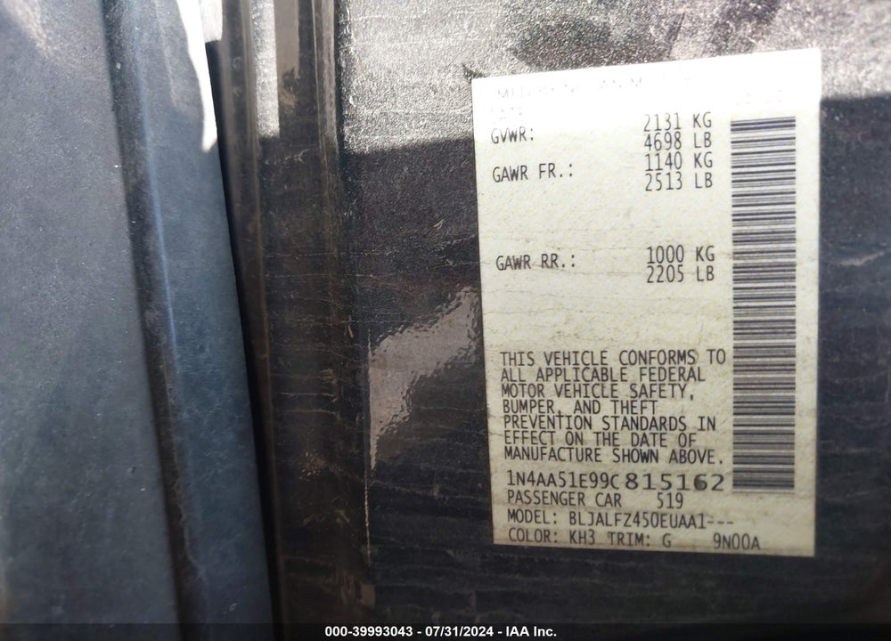 2009 NISSAN MAXIMA 3.5 SV VIN: 1N4AA51E99C815162