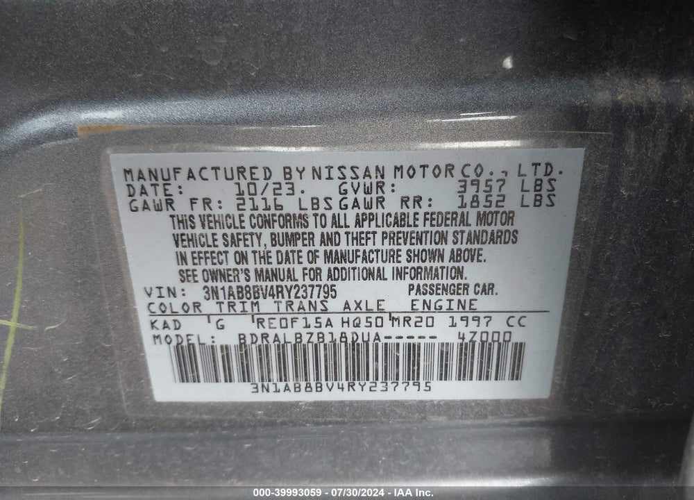 2024 NISSAN SENTRA S XTRONIC CVT VIN: 3N1AB8BV4RY237795