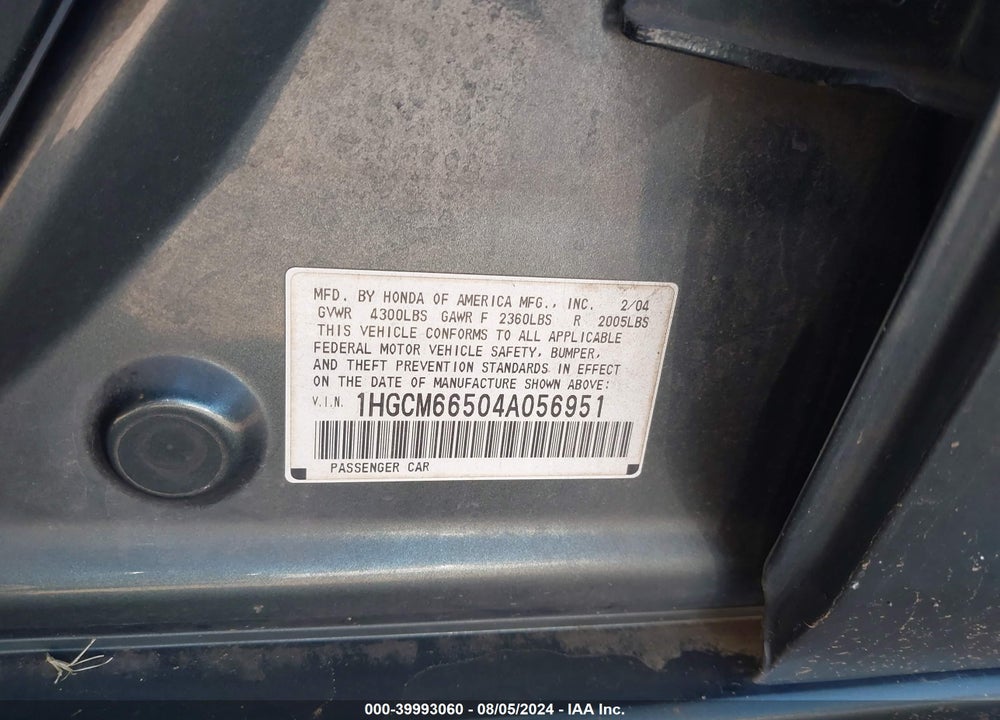 2004 HONDA ACCORD 3.0 EX VIN: 1HGCM66504A056951