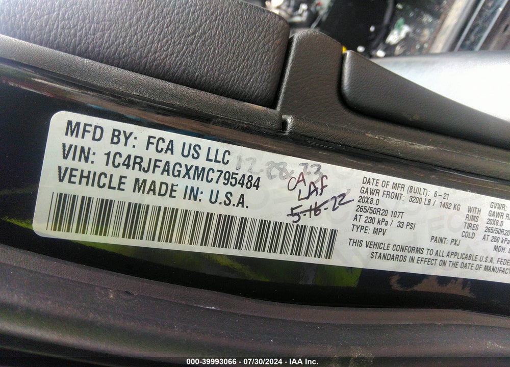 2021 JEEP GRAND CHEROKEE LAREDO X 4X4 VIN: 1C4RJFAGXMC795484
