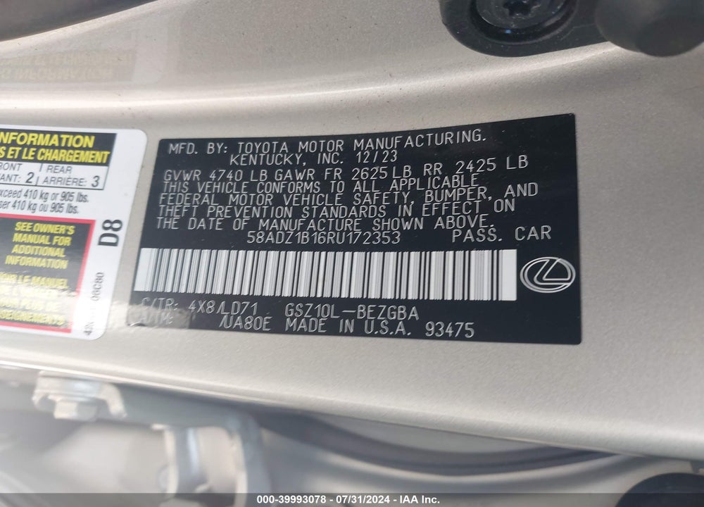 2024 LEXUS ES 350 VIN: 58ADZ1B16RU172353