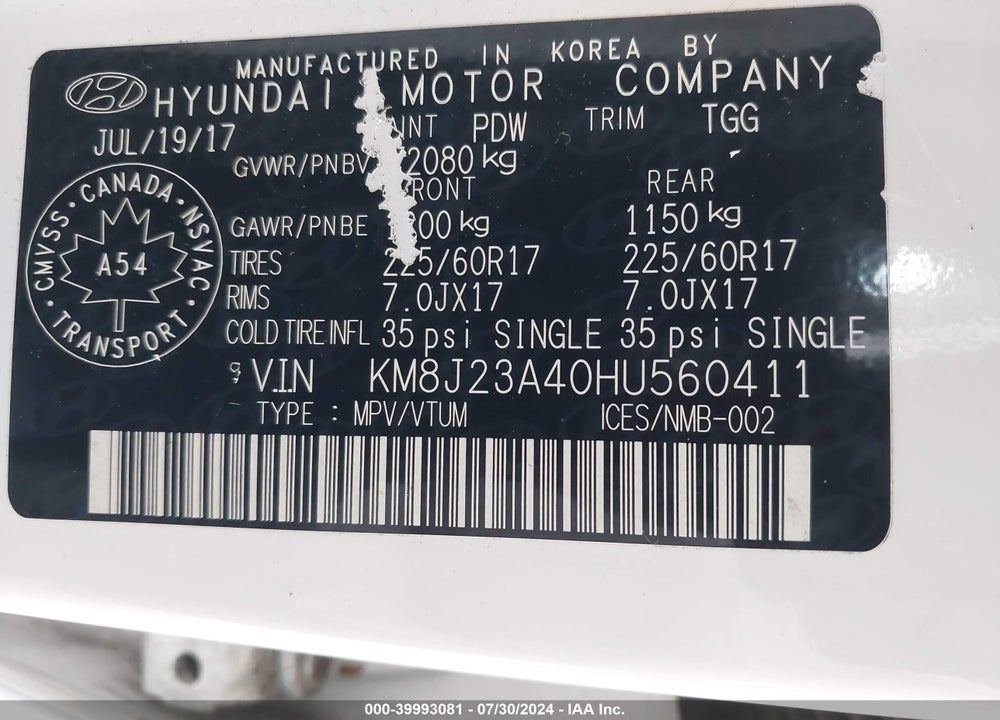 2017 HYUNDAI TUCSON VIN: KM8J23A40HU560411