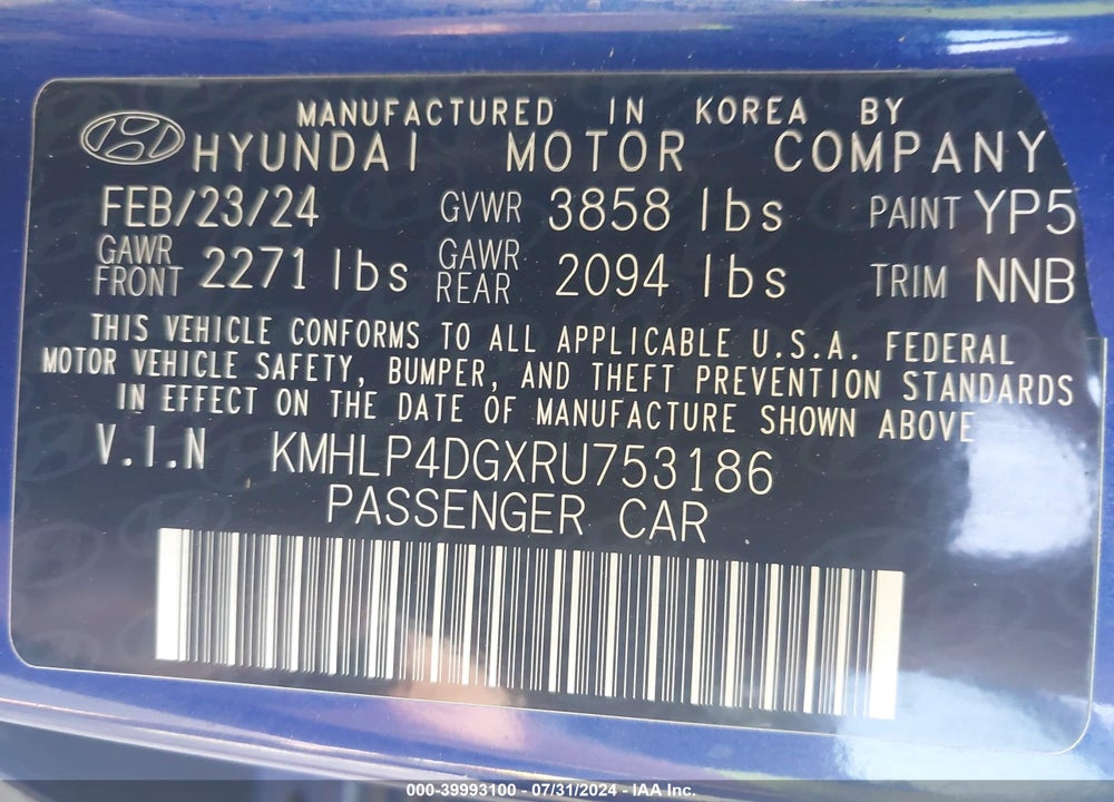 2024 HYUNDAI ELANTRA LIMITED VIN: KMHLP4DGXRU753186