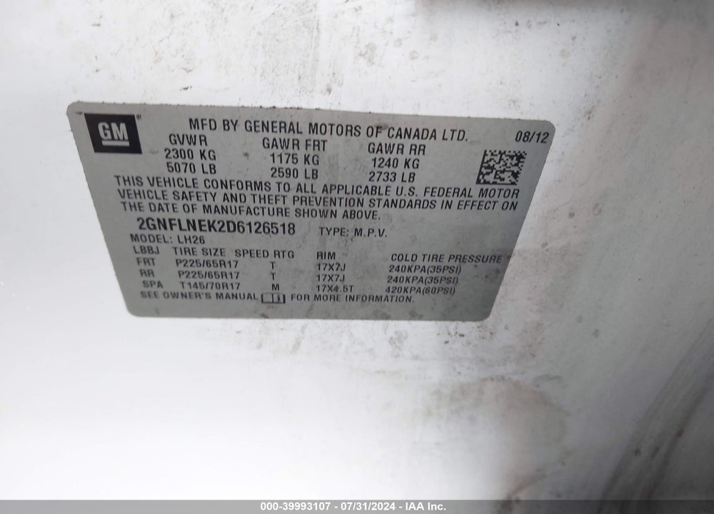 2013 CHEVROLET EQUINOX 2LT VIN: 2GNFLNEK2D6126518