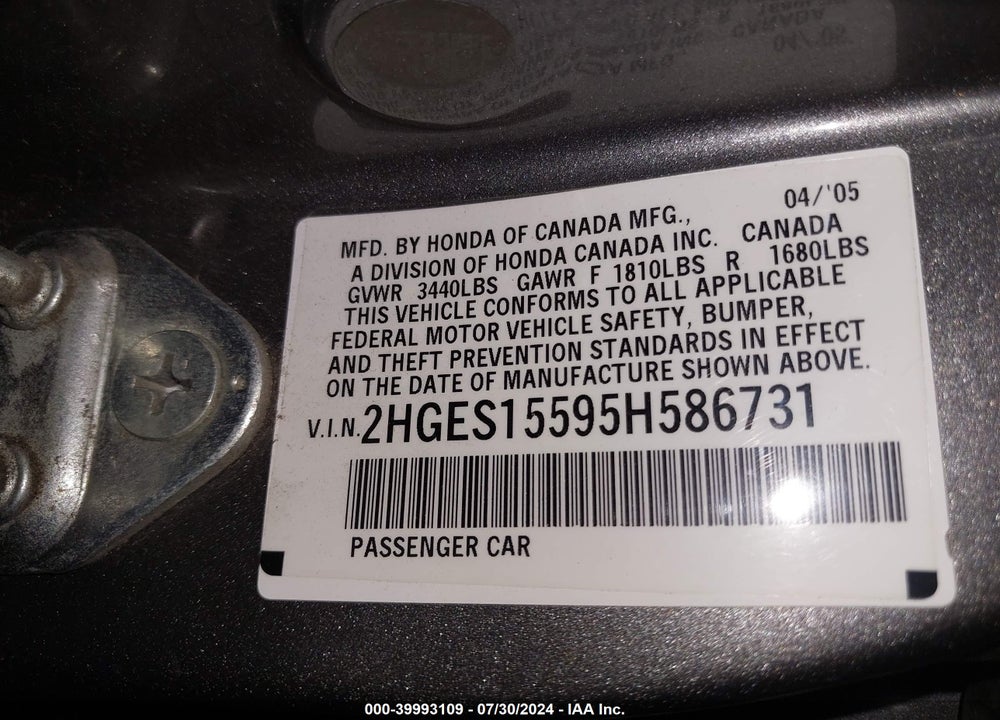 2005 HONDA CIVIC LX VIN: 2HGES15595H586731