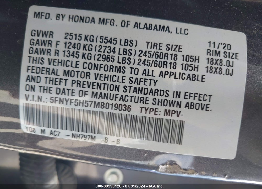 2021 HONDA PILOT 2WD EX-L VIN: 5FNYF5H57MB019036