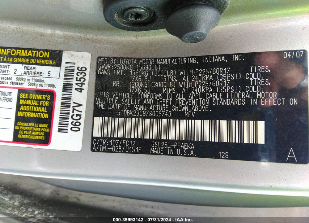 2007 TOYOTA SIENNA LE VIN: 5TDBK23C97S005743