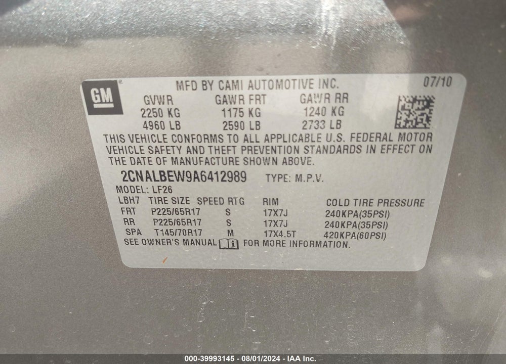 2010 CHEVROLET EQUINOX LS VIN: 2CNALBEW9A6412989