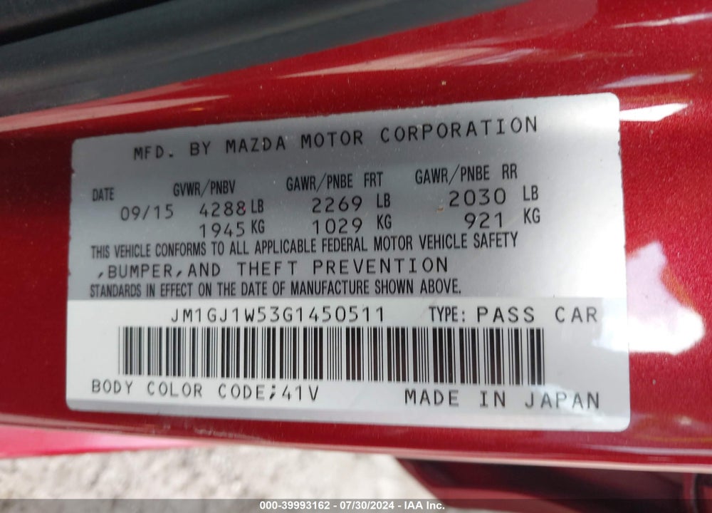 2016 MAZDA 6 I GRAND TOURING VIN: JM1GJ1W53G1450511