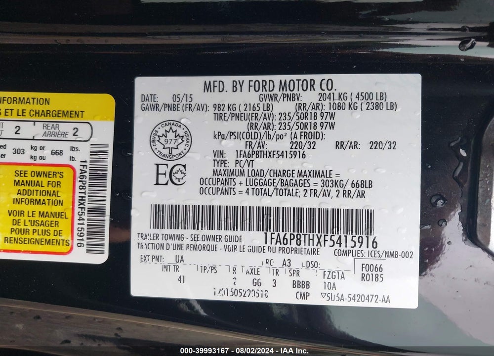 2015 FORD MUSTANG ECOBOOST PREMIUM VIN: 1FA6P8THXF5415916
