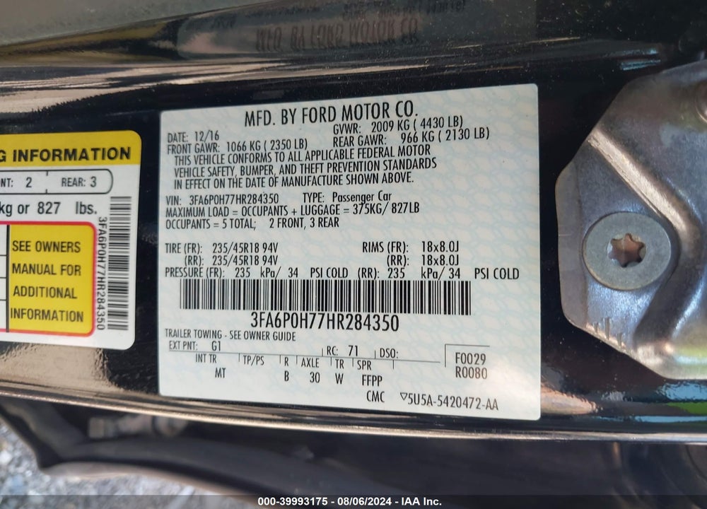 2017 FORD FUSION SE VIN: 3FA6P0H77HR284350