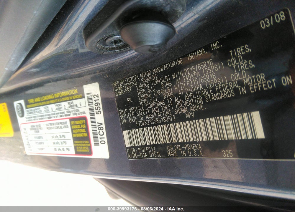 2008 TOYOTA SIENNA LE VIN: 5TDZK23C58S180572