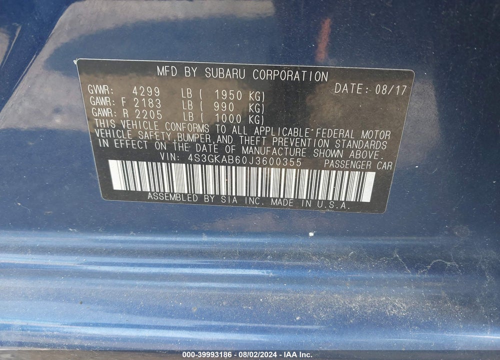 2018 SUBARU IMPREZA 2.0I PREMIUM VIN: 4S3GKAB60J3600355