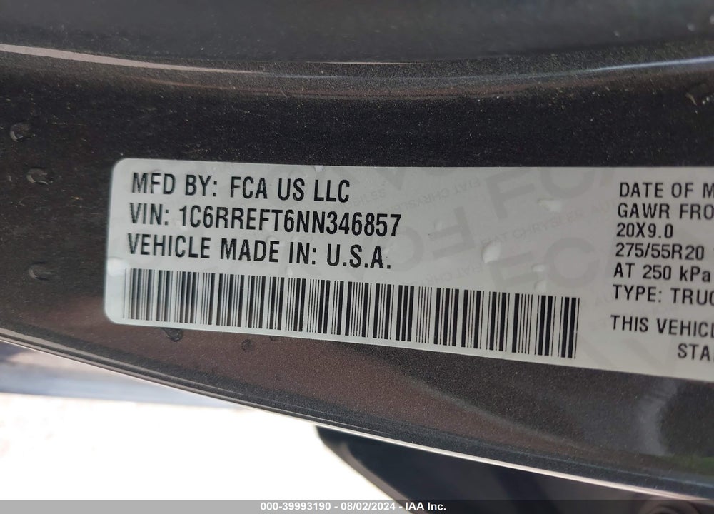 2022 RAM 1500 BIG HORN 4X2 5'7 BOX VIN: 1C6RREFT6NN346857