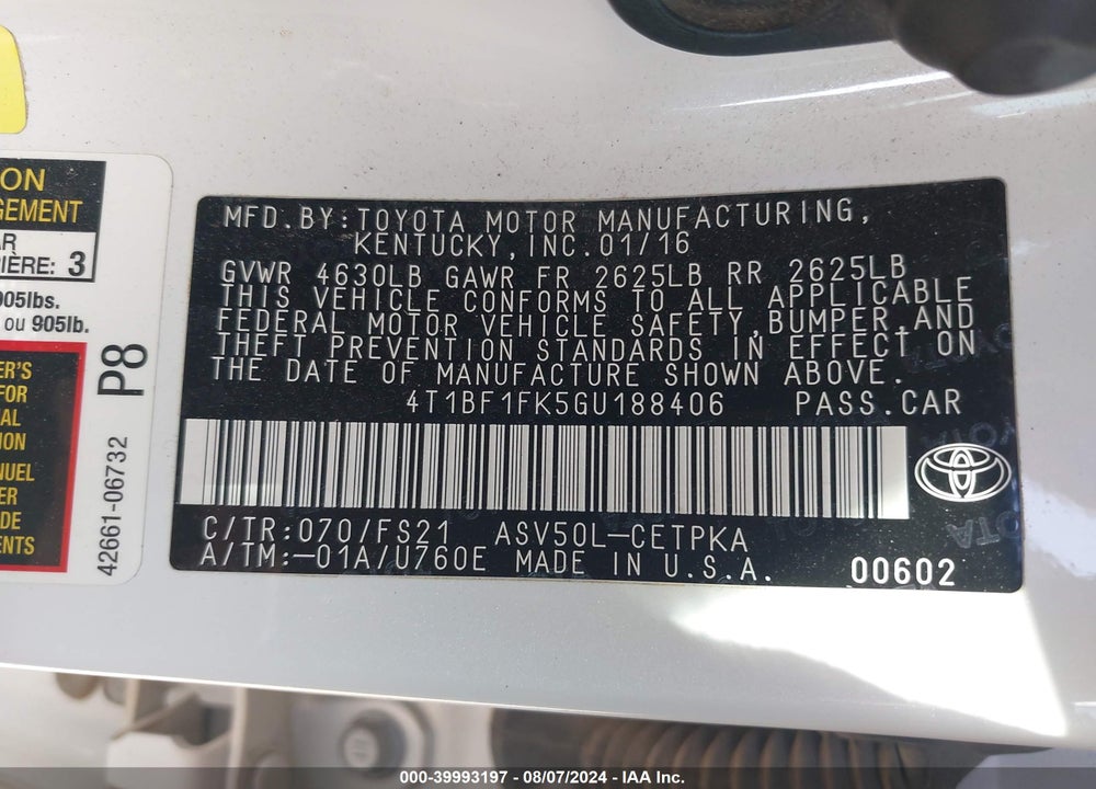 2016 TOYOTA CAMRY SE VIN: 4T1BF1FK5GU188406
