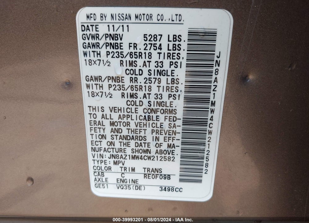 2012 NISSAN MURANO SL VIN: JN8AZ1MW4CW212582