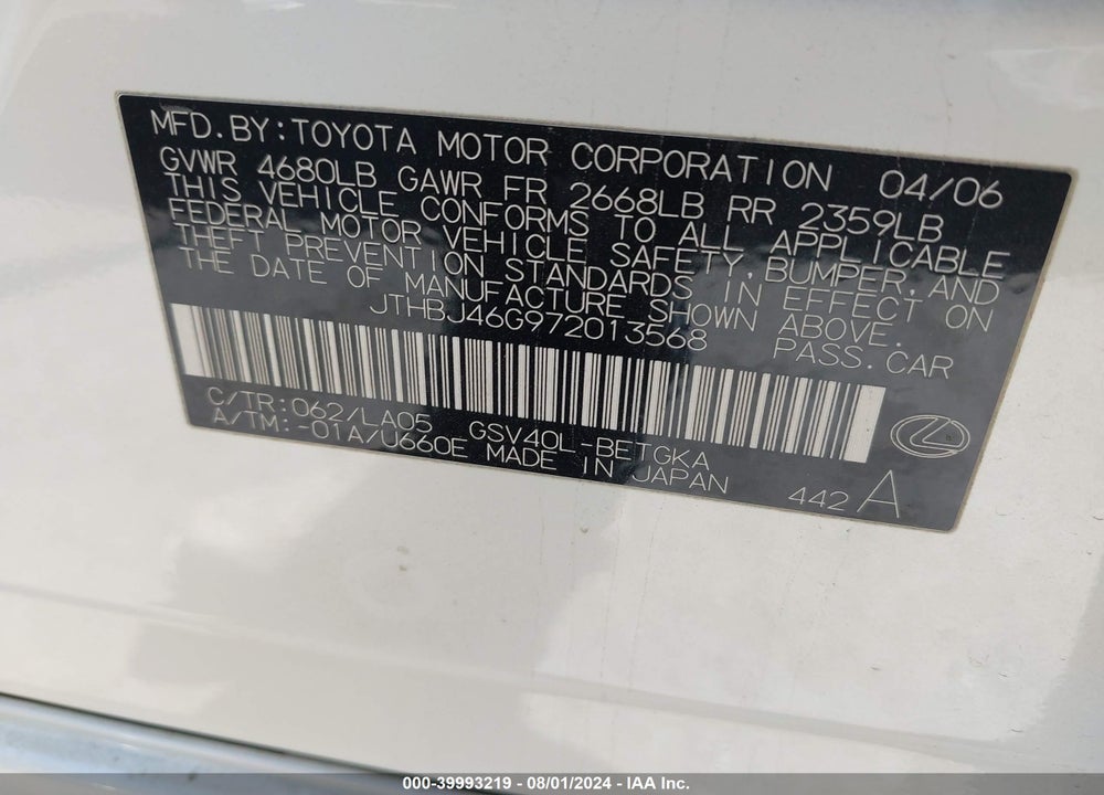 2007 LEXUS ES 350 VIN: JTHBJ46G972013568