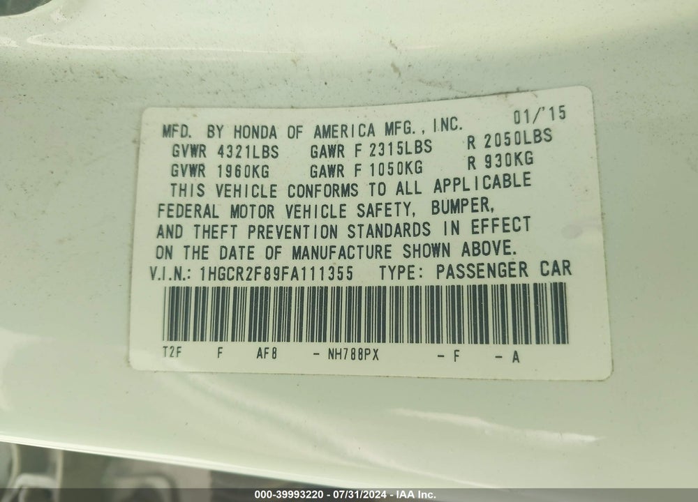 2015 HONDA ACCORD EX-L VIN: 1HGCR2F89FA111355