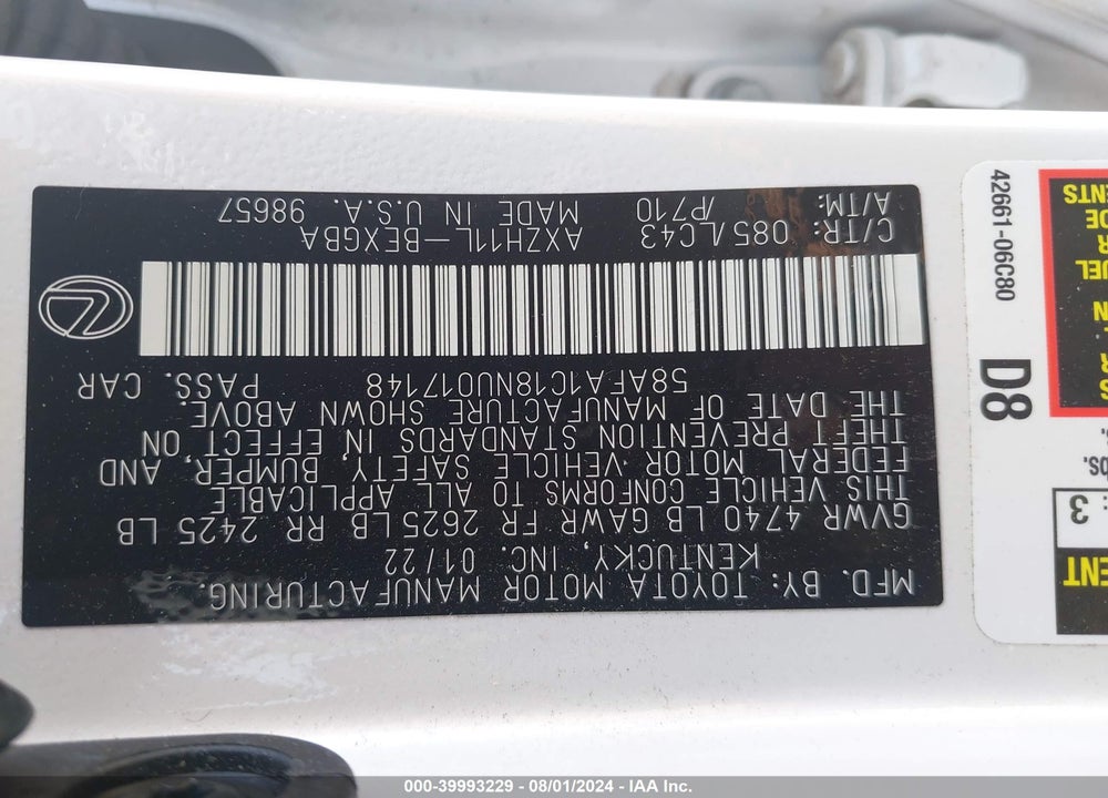 2022 LEXUS ES 300H ULTRA LUXURY VIN: 58AFA1C18NU017148