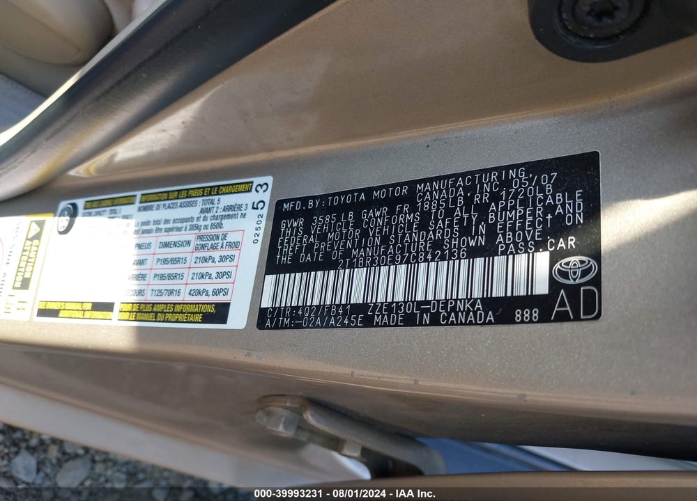 2007 TOYOTA COROLLA LE VIN: 2T1BR30E97C842136