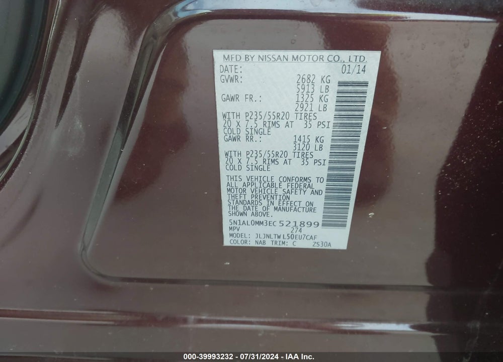 2014 INFINITI QX60 VIN: 5N1AL0MM3EC521899