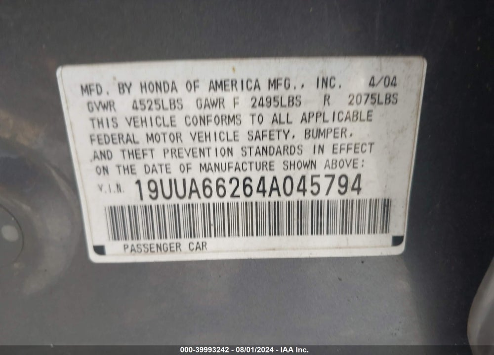 2004 ACURA TL VIN: 19UUA66264A045794