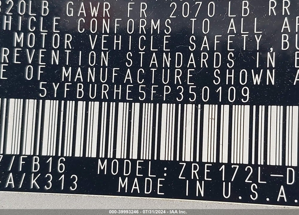 2015 TOYOTA COROLLA LE VIN: 5YFBURHE5FP350109