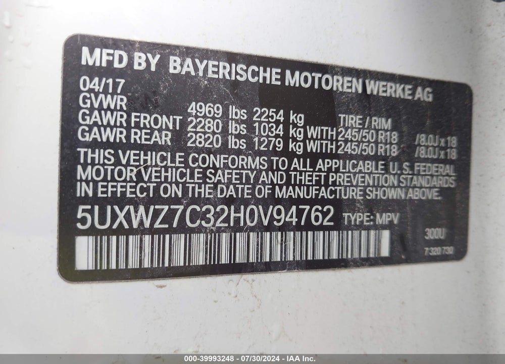 2017 BMW X3 SDRIVE28I VIN: 5UXWZ7C32H0V94762