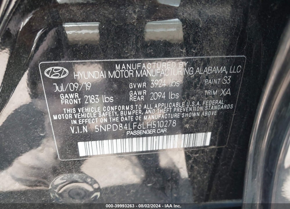 2020 HYUNDAI ELANTRA SEL VIN: 5NPD84LF6LH510278
