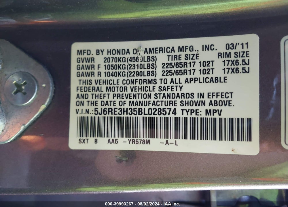 2011 HONDA CR-V LX VIN: 5J6RE3H35BL028574