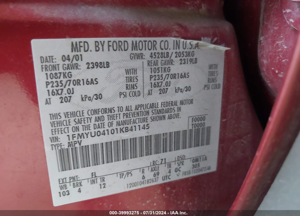 2001 FORD ESCAPE XLT VIN: 1FMYU04101KB41145