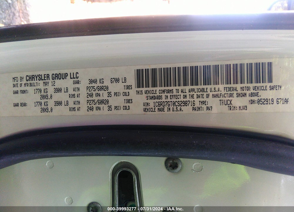 2012 RAM 1500 SLT VIN: 1C6RD7GT0CS298716