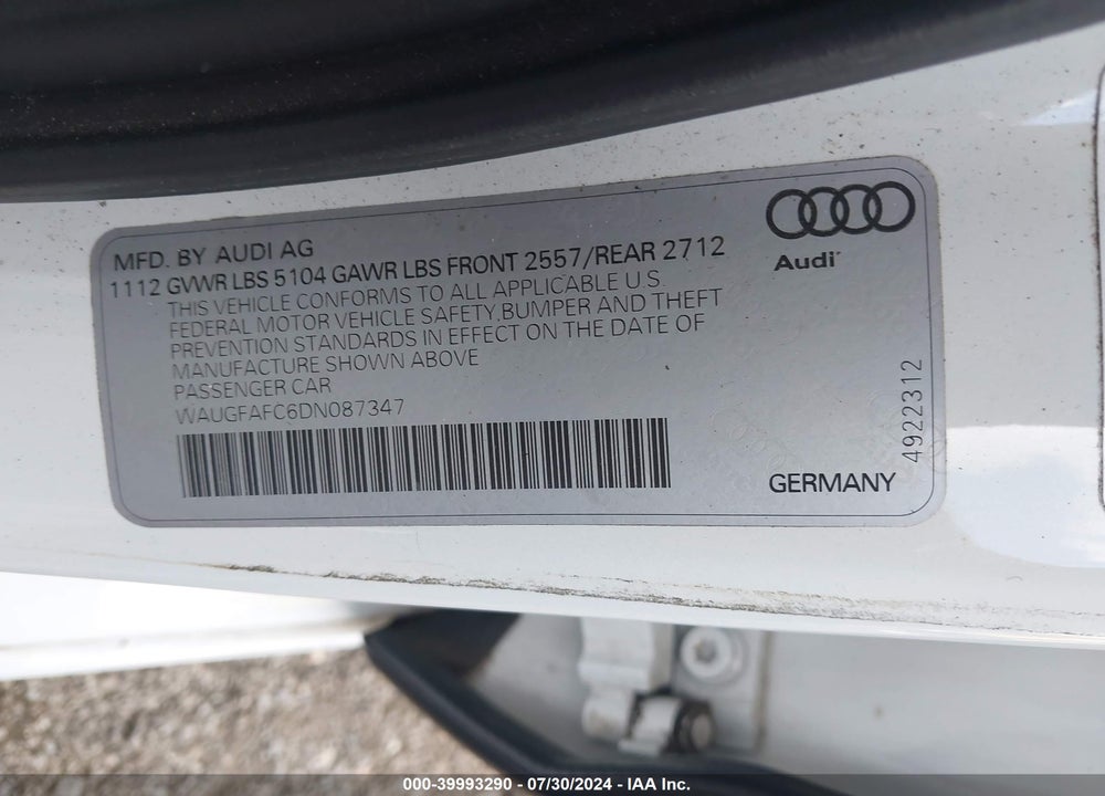 2013 AUDI A6 VIN: WAUGFAFC6DN087347