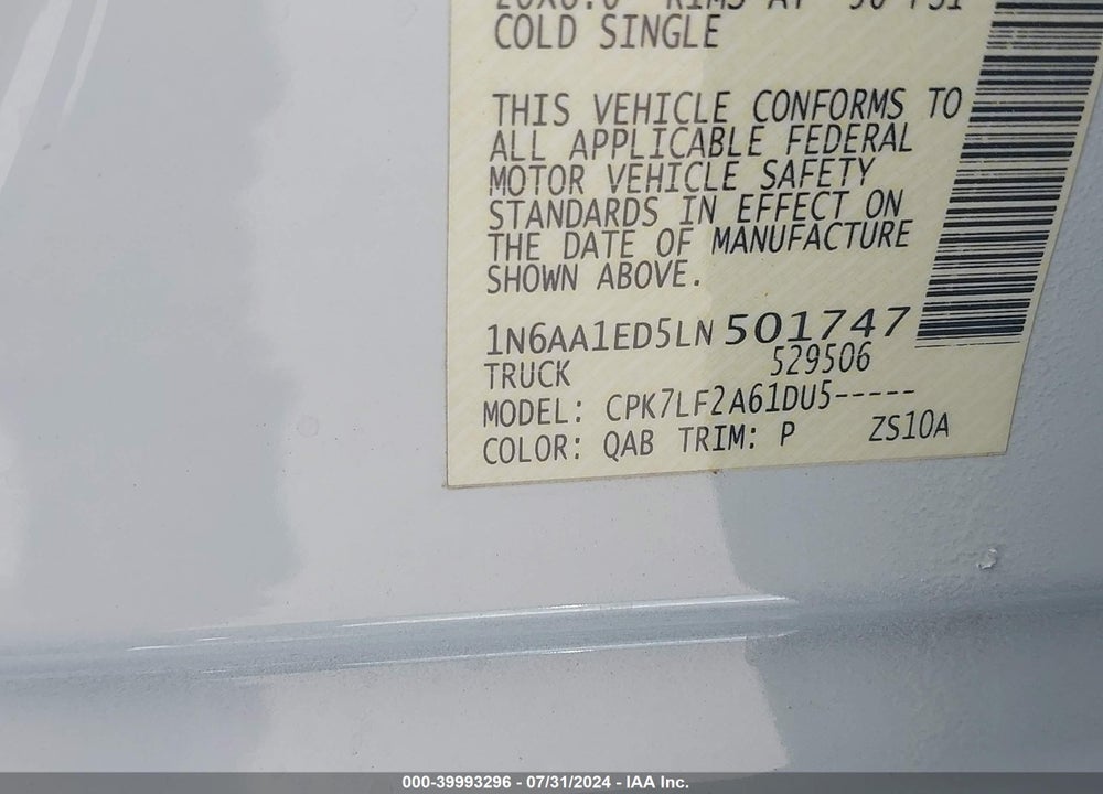 2020 NISSAN TITAN PLATINUM RESERVE 4X4 VIN: 1N6AA1ED5LN501747
