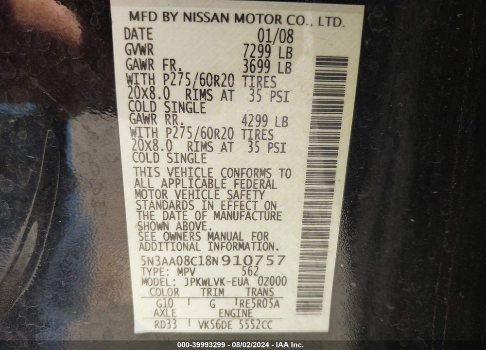2008 INFINITI QX56 VIN: 5N3AA08C18N910757