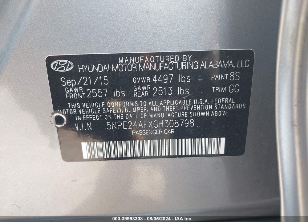 2016 HYUNDAI SONATA SE VIN: 5NPE24AFXGH308798