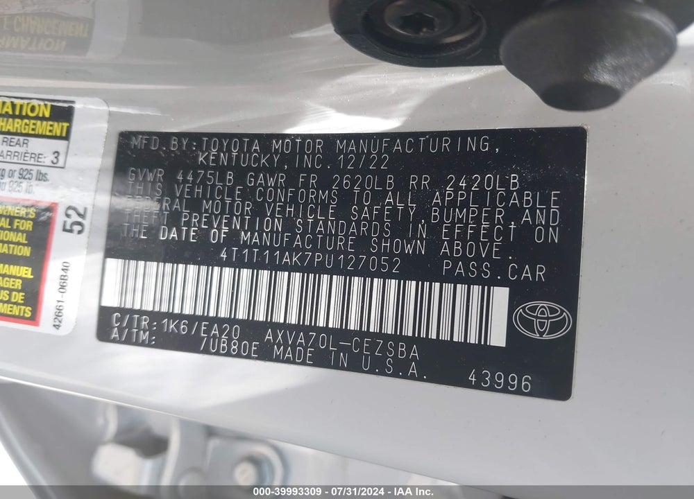 2023 TOYOTA CAMRY SE VIN: 4T1T11AK7PU127052