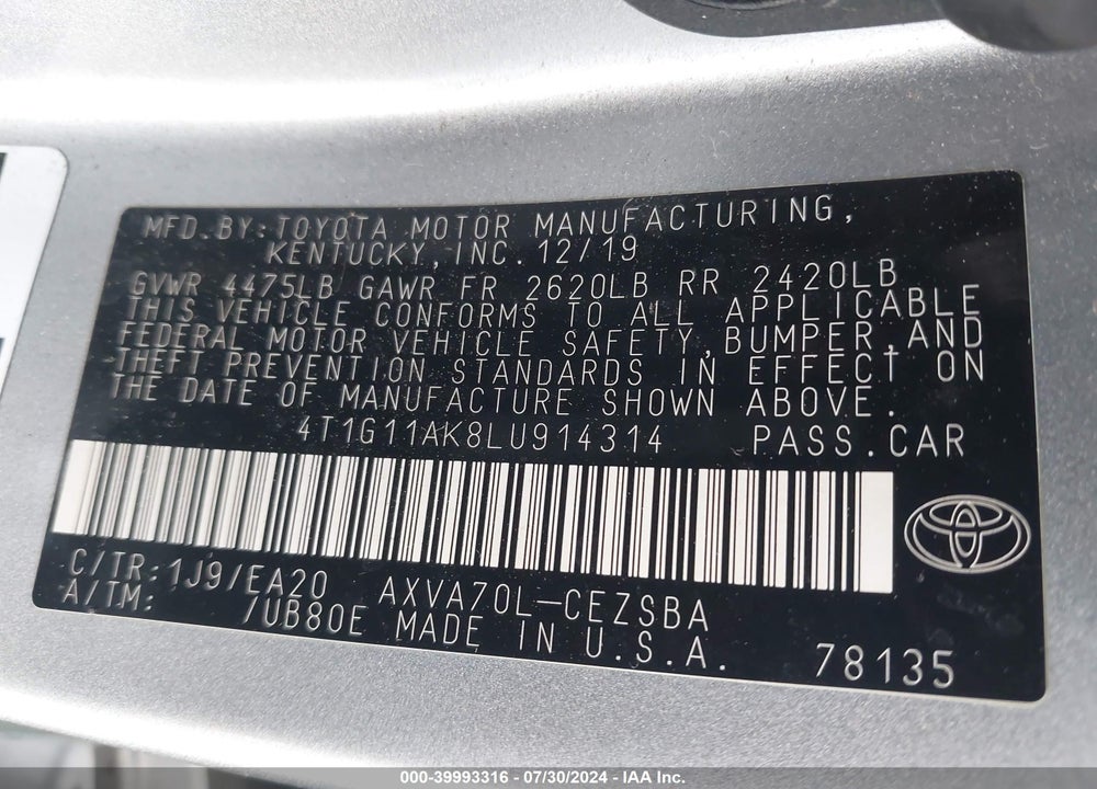 2020 TOYOTA CAMRY VIN: 4T1G11AK8LU914314