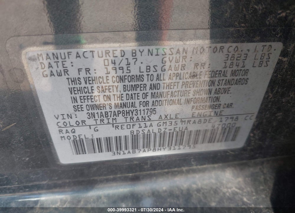 2017 NISSAN SENTRA SV VIN: 3N1AB7AP8HY311795