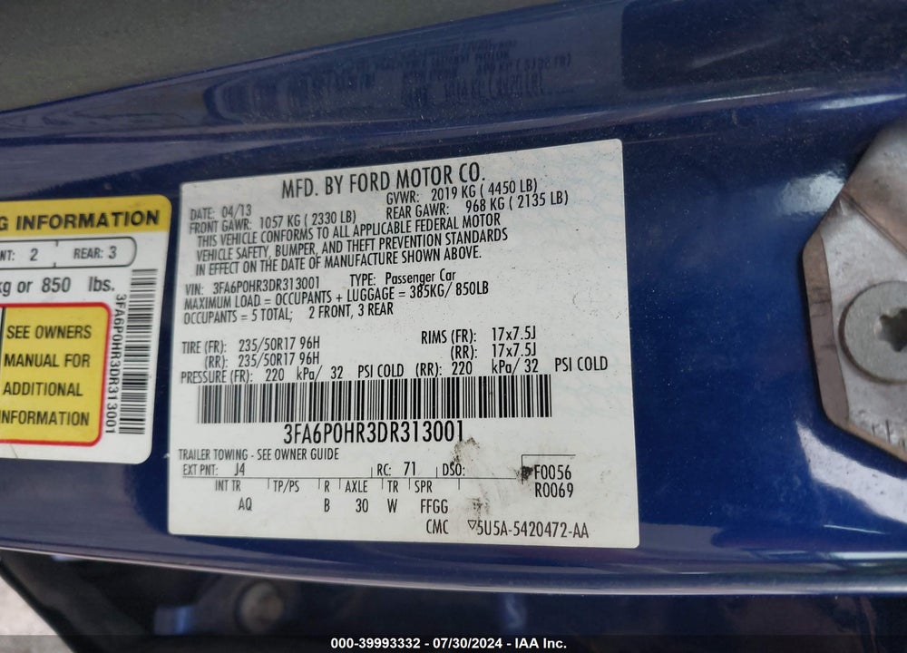 2013 FORD FUSION SE VIN: 3FA6P0HR3DR313001