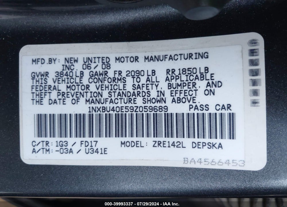 2009 TOYOTA COROLLA S VIN: 1NXBU40E59Z059689