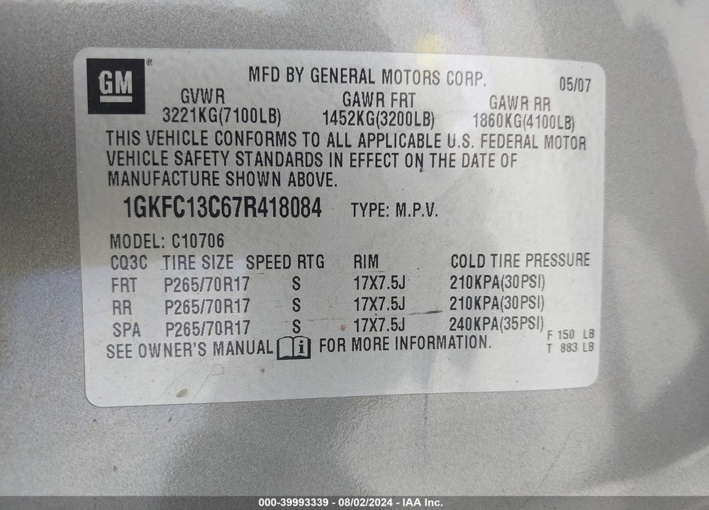 2007 GMC YUKON VIN: 1GKFC13C67R418084