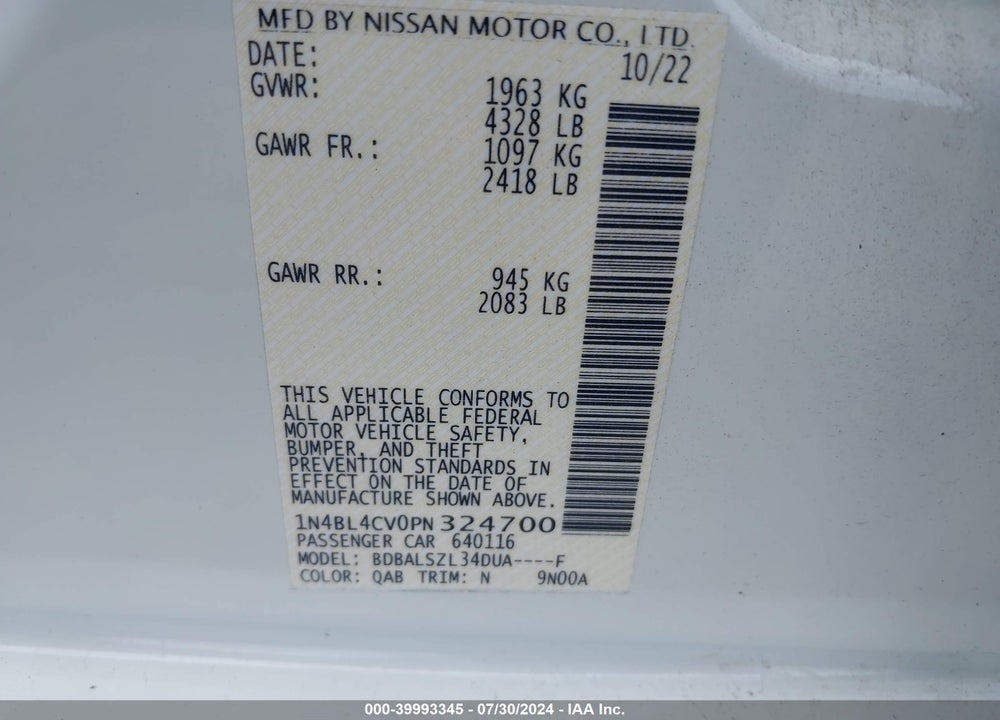 2023 NISSAN ALTIMA SR FWD VIN: 1N4BL4CV0PN324700