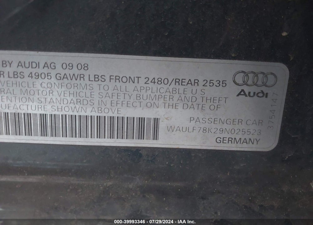 2009 AUDI A4 2.0T PREMIUM VIN: WAULF78K29N025523