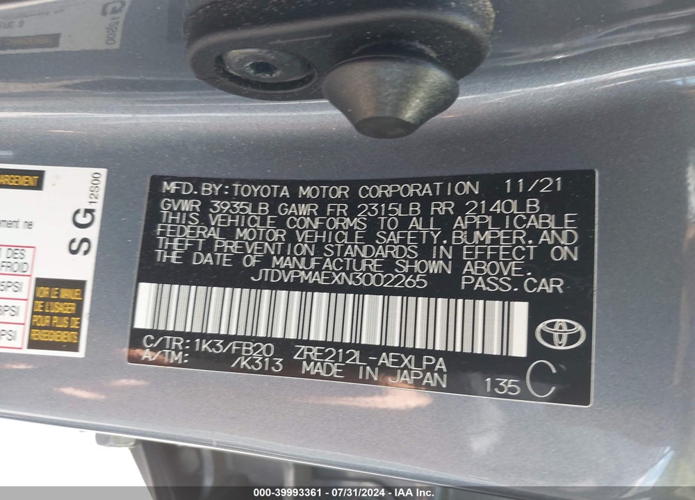 2022 TOYOTA COROLLA LE VIN: JTDVPMAEXN3002265